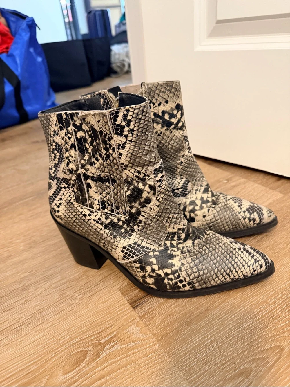 Blondo Snake-Print Pointed Ankle Boots - Black & Cream